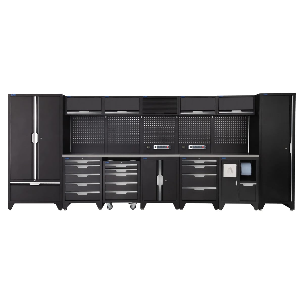 SGS 17pc Garage Storage System | 14 Drawers | Stainless Steel Worktop | Tall Single & Double Cabinet with Drawer | Bin Unit | Mobile Tool Cabinet | Floor Cabinet | 5x Upper Cabinets | 2x Pegboards with Power Strip