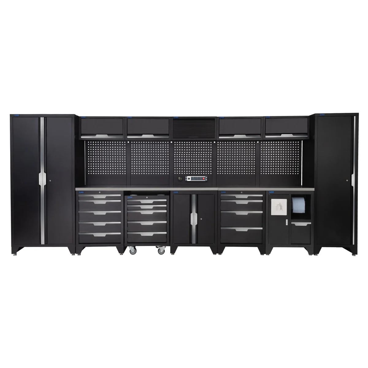 SGS 17pc Garage Storage System | 14 Drawers | Stainless Steel Worktop | Tall Single & Double Cabinets | Bin Unit | Mobile Tool Cabinet | Floor Cabinet | 5x Upper Cabinets | Pegboard with Power Strip