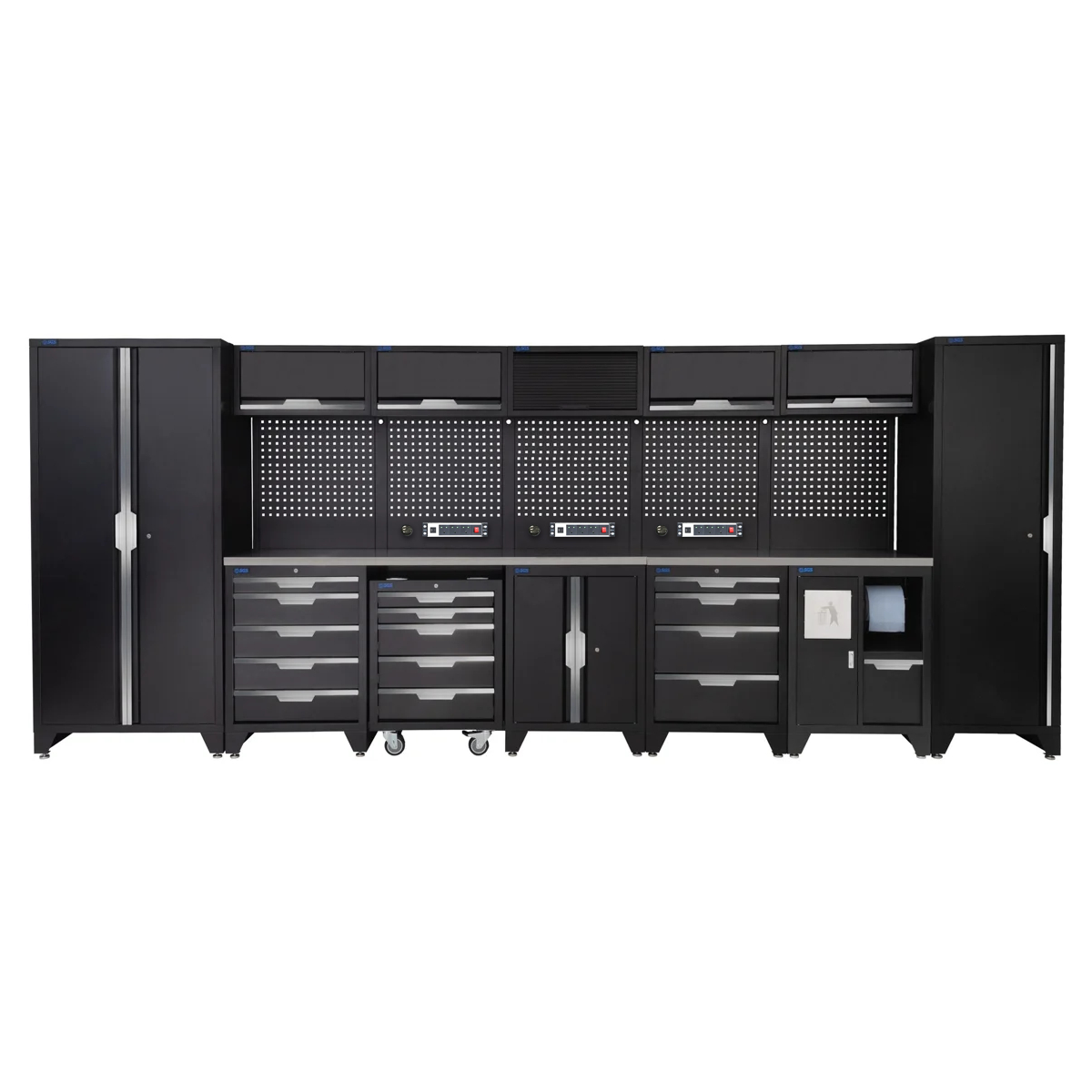 SGS 17pc Garage Storage System | 14 Drawers | Stainless Steel Worktop | Tall Single & Double Cabinets | Bin Unit | Mobile Tool Cabinet | Floor Cabinet | 5x Upper Cabinets | 3x Pegboards with Power Strip