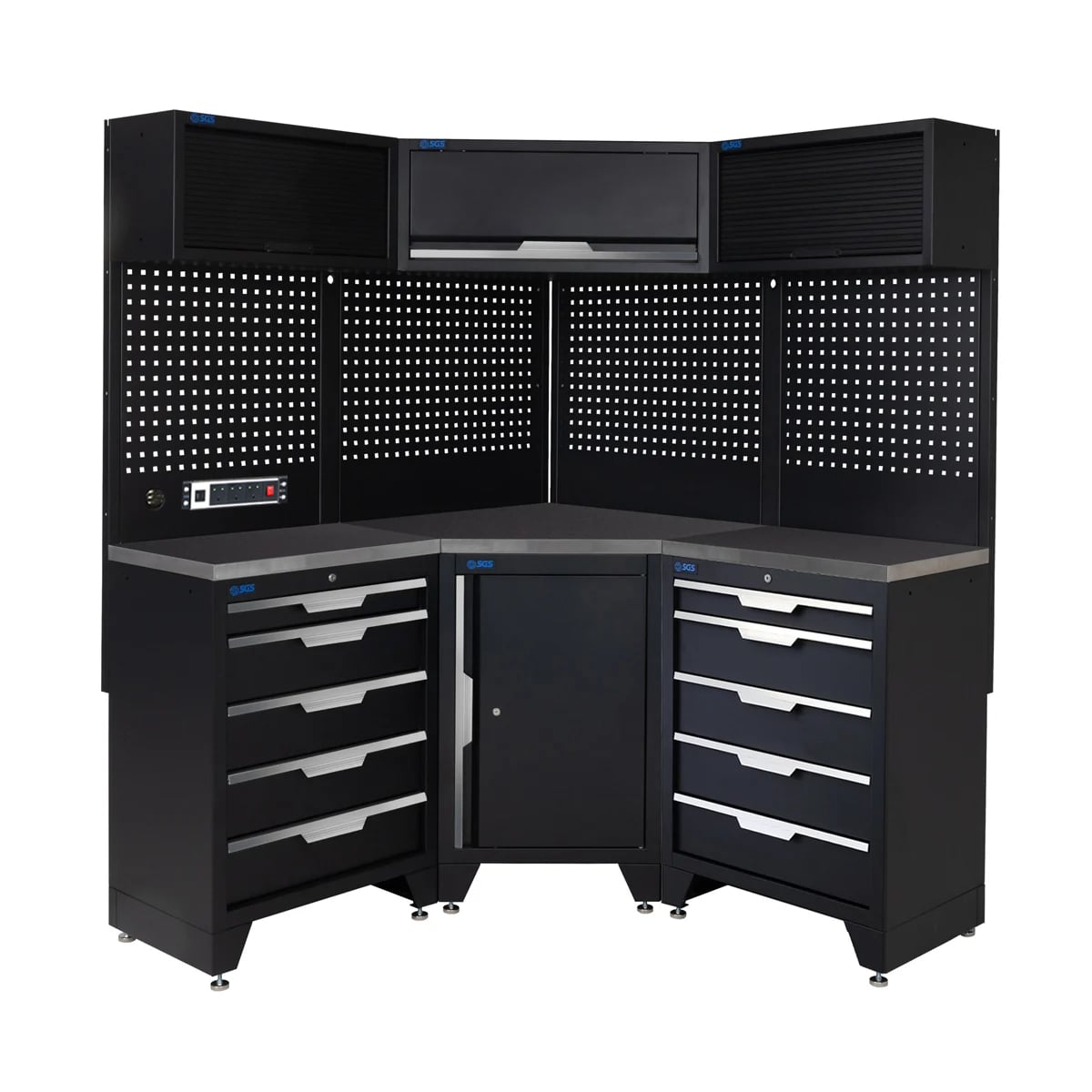 SGS 10pc Corner Garage Storage System | 10 Drawers | Stainless Steel Worktop | Corner Floor Cabinet | 1x Lift-up & 2 Roller Door Wall Cabinets | Pegboard with Power Strip