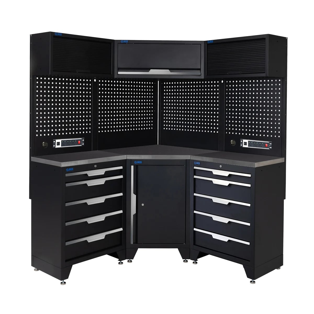 SGS 10pc Corner Garage Storage System | 10 Drawers | Stainless Steel Worktop | Corner Floor Cabinet | 1x Lift-up & 2 Roller Door Wall Cabinets | 2x Pegboards with Power Strip