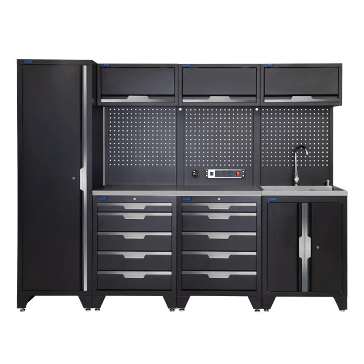 SGS 10pc Garage Storage System | 10 Drawers | Stainless Steel Worktop | Tall Single Cabinet | Sink Unit | 3x Upper Cabinets | Pegboard with Power Strip