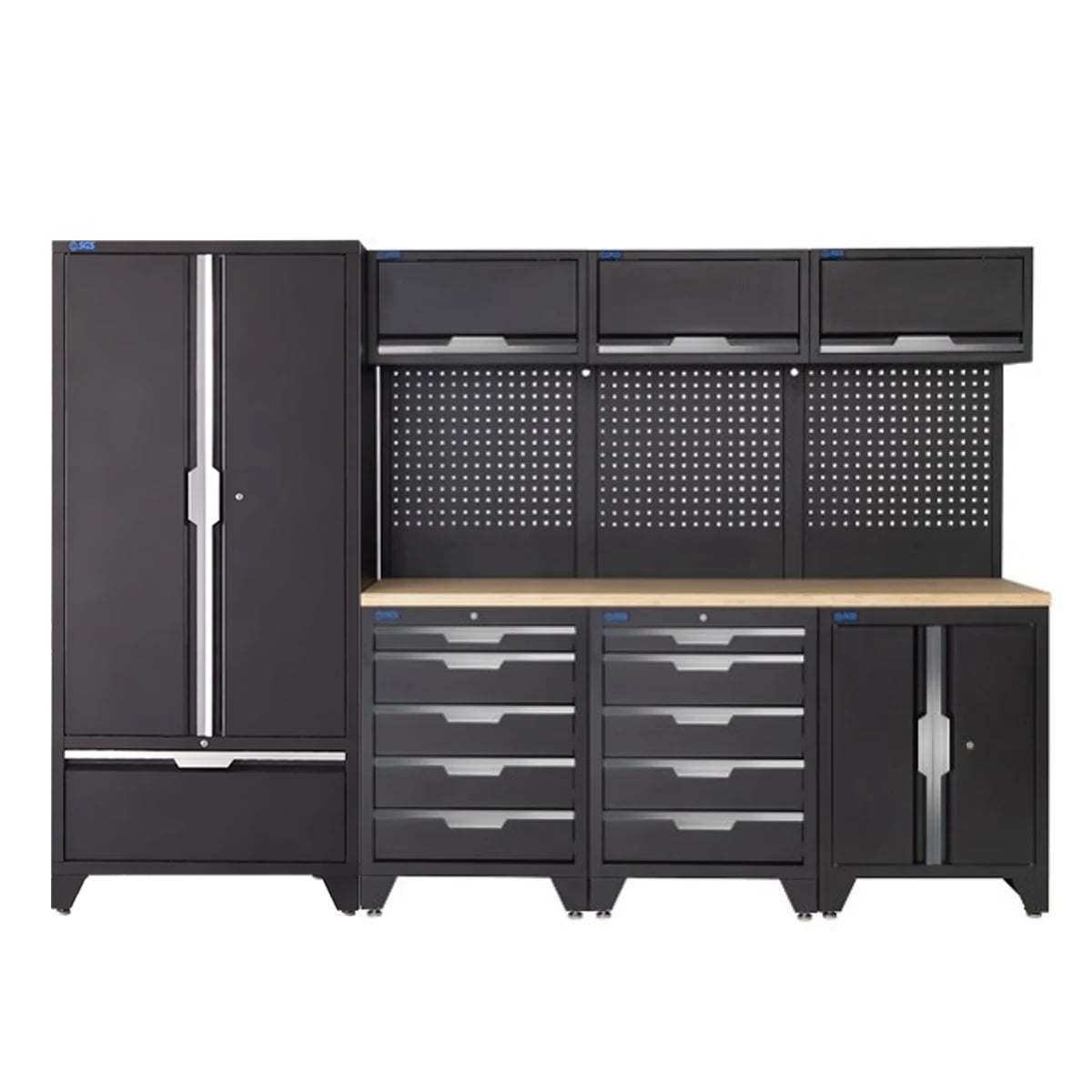 SGS 10pc Garage Storage System | 10 Drawers | Pressed Wood Worktop | Tall Double Cabinet with Drawer | Floor Cabinet | 3x Upper Cabinets