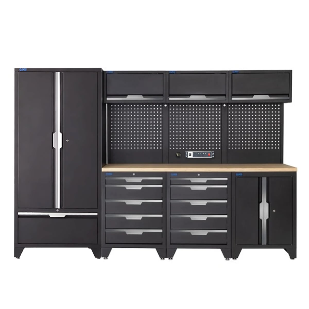SGS 10pc Garage Storage System | 10 Drawers | Pressed Wood Worktop | Tall Double Cabinet with Drawer | Floor Cabinet | 3x Upper Cabinets | Pegboard with Power Strip