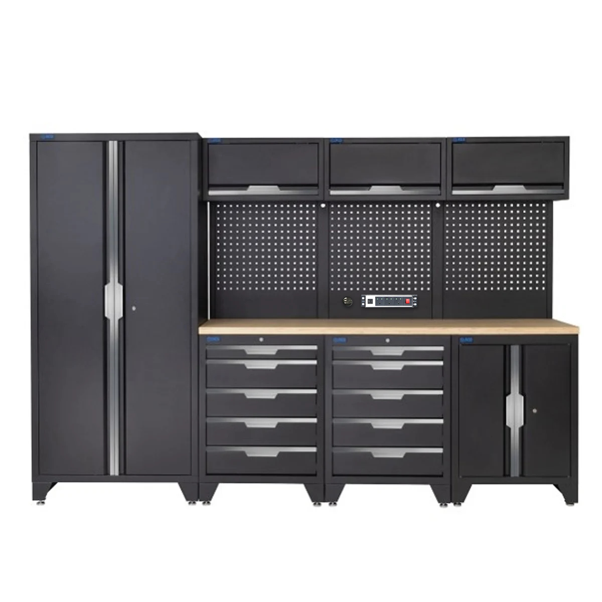 SGS 10pc Garage Storage System | 10 Drawers | Pressed Wood Worktop | Tall Double Cabinet | Floor Cabinet | 3x Upper Cabinets | Pegboard with Power Strip