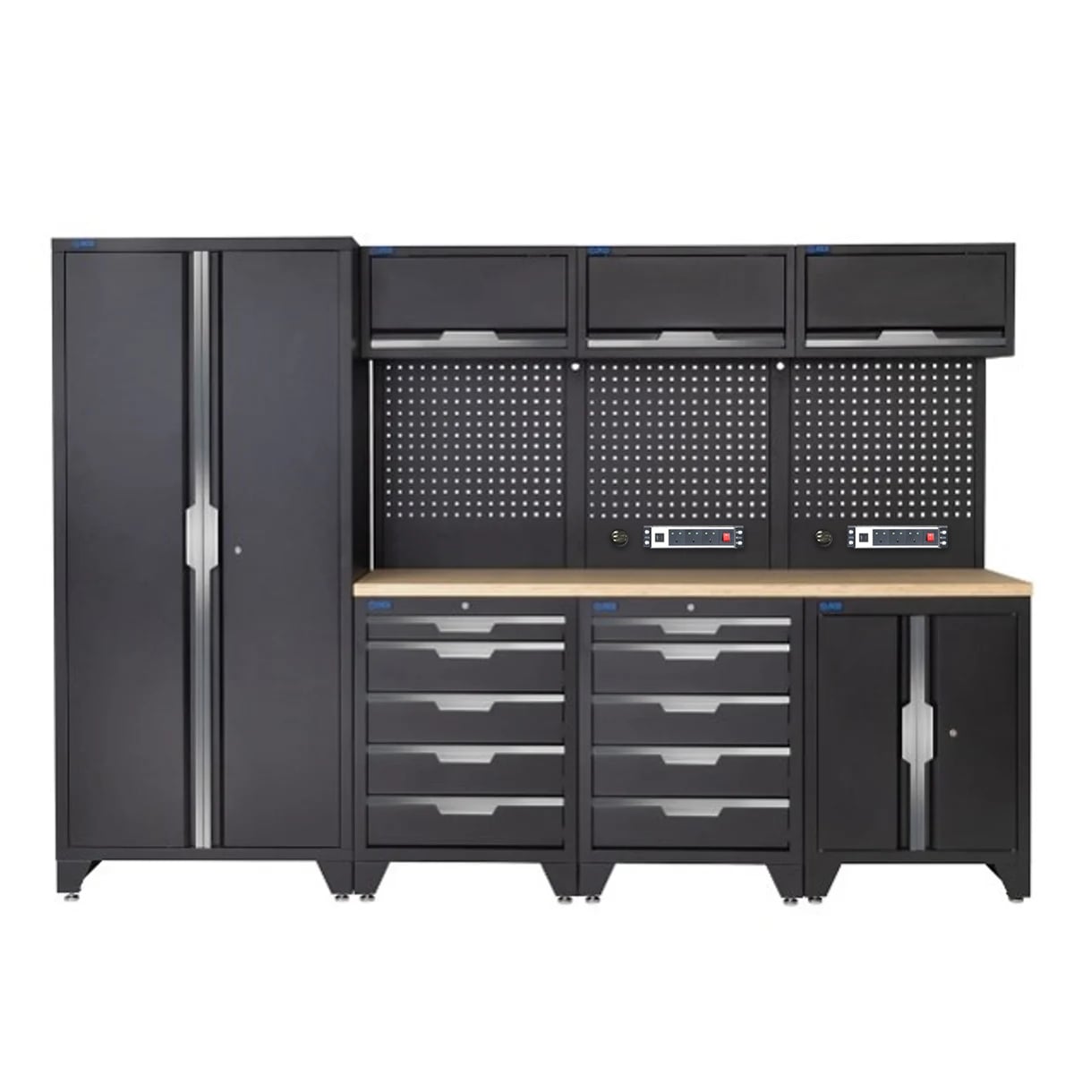 SGS 10pc Garage Storage System | 10 Drawers | Pressed Wood Worktop | Tall Double Cabinet | Floor Cabinet | 3x Upper Cabinets | 2x Pegboards with Power Strip