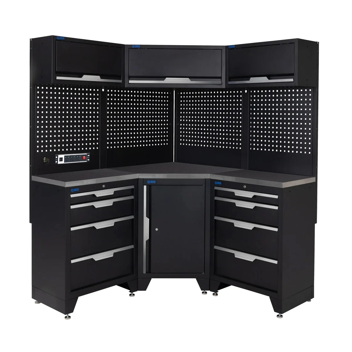 SGS 10pc Corner Garage Storage System | 8 Drawers | Stainless Steel Worktop | Corner Floor Cabinet | 3x Upper Cabinets | Pegboard with Power Strip