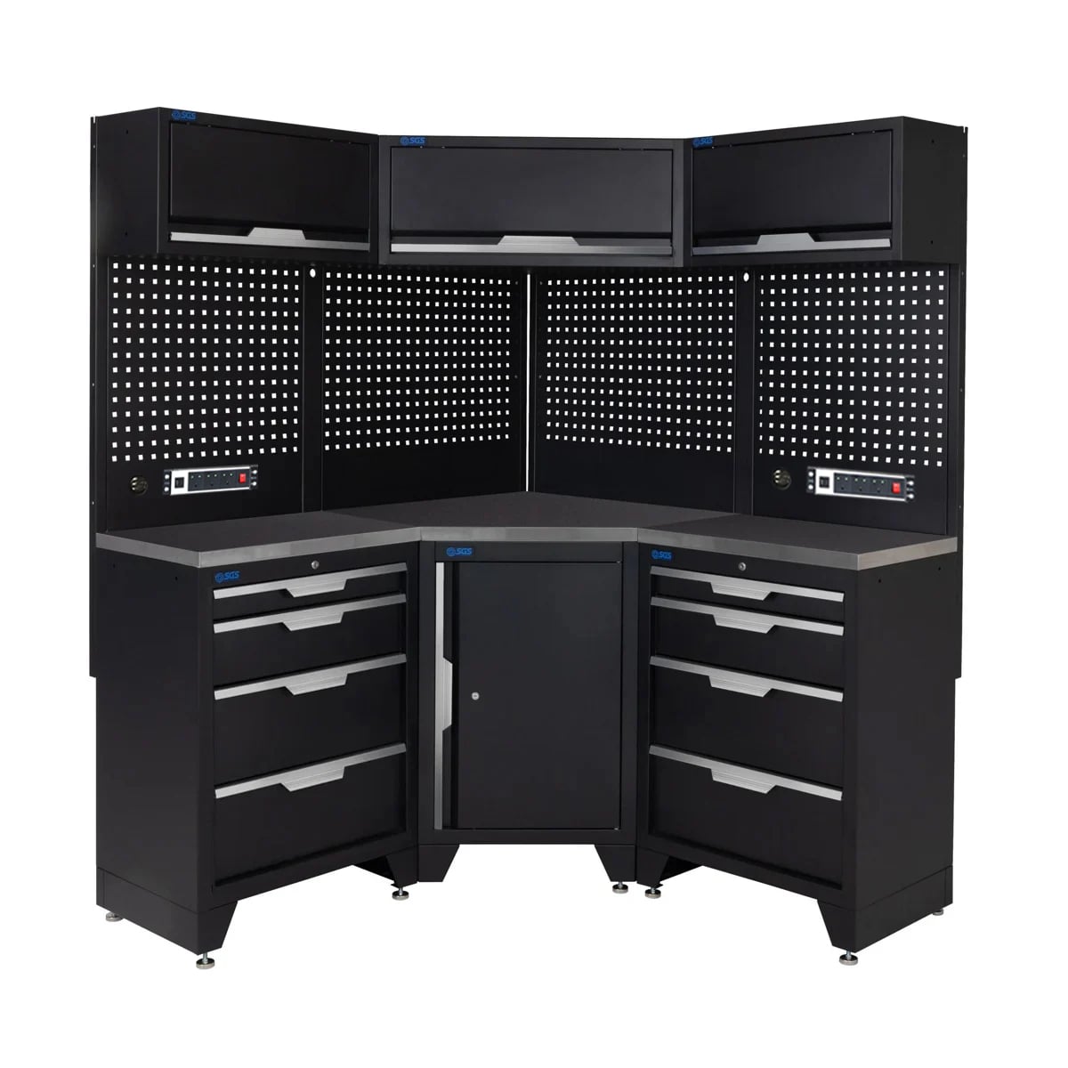 SGS 10pc Corner Garage Storage System | 8 Drawers | Stainless Steel Worktop | Corner Floor Cabinet | 3x Upper Cabinets | 2x Pegboards with Power Strip