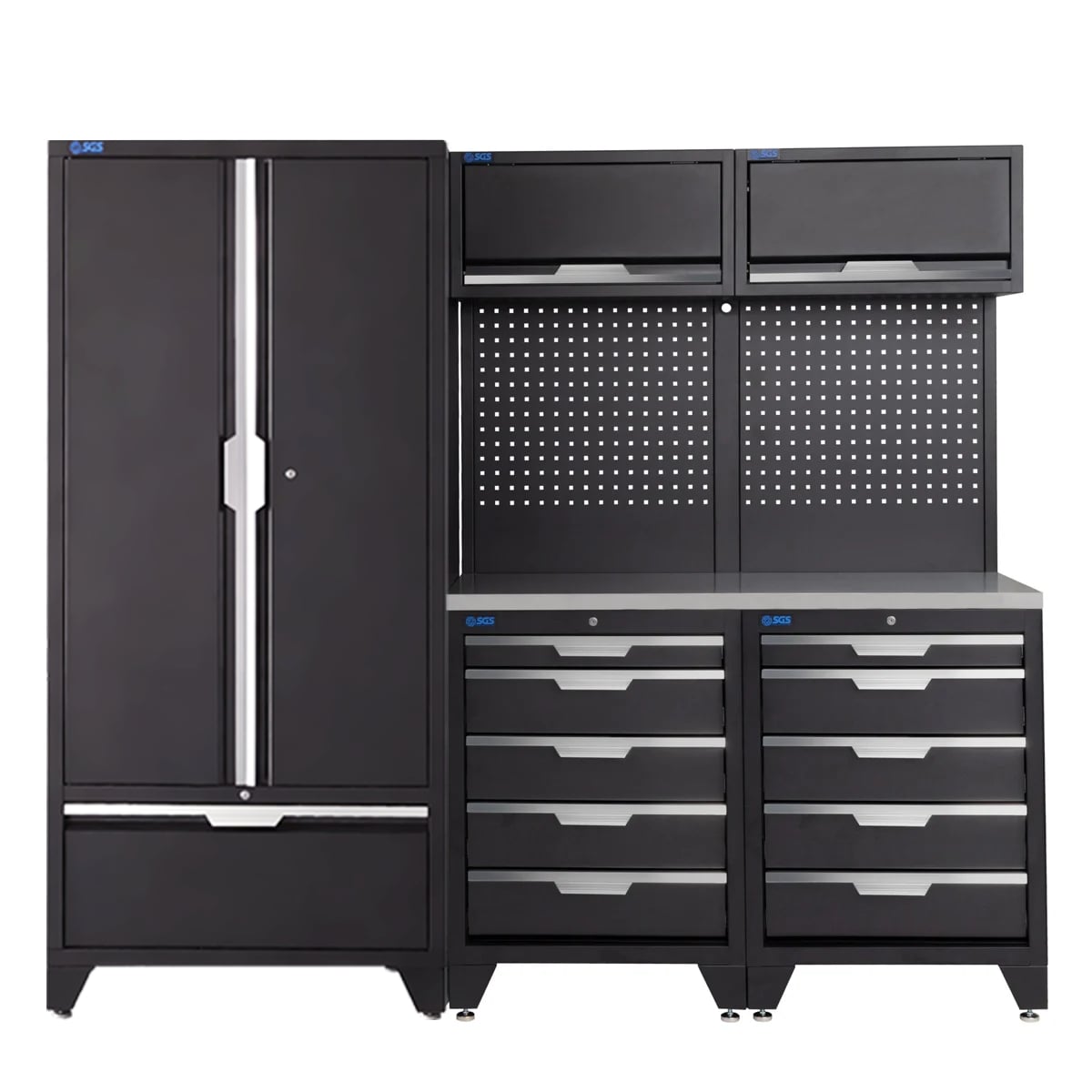 SGS 7pc Garage Storage System | 10 Drawers | Stainless Steel Worktop | 2x Upper Cabinets | Tall Double Cabinet | Tall Double Cabinet with Drawer