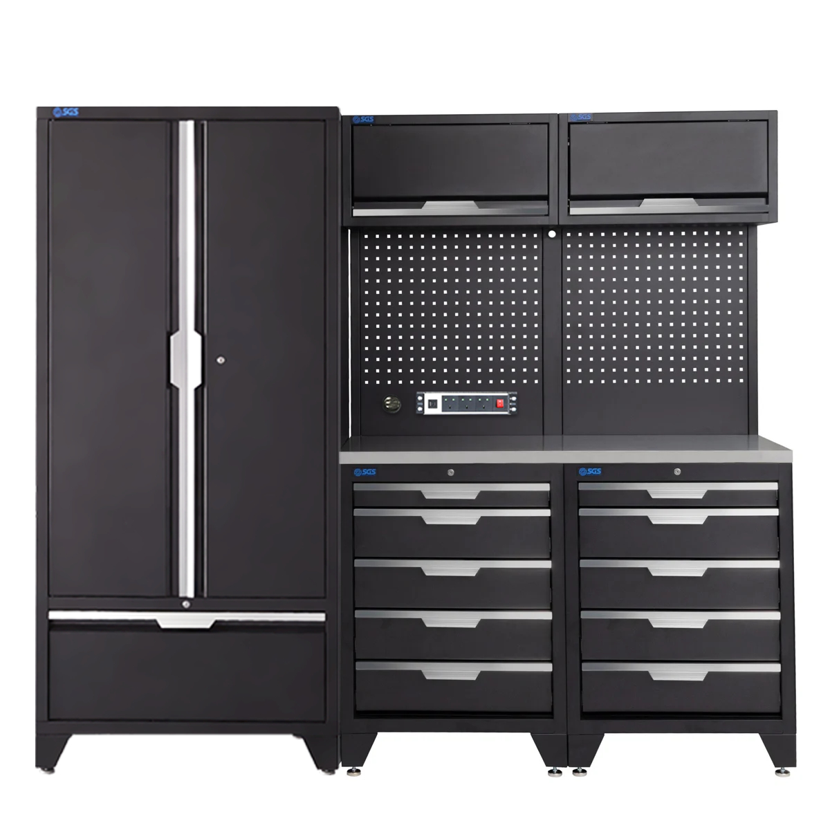 SGS 7pc Garage Storage System | 10 Drawers | Stainless Steel Worktop | 2x Upper Cabinets | Tall Double Cabinet | Tall Double Cabinet with Drawer | Pegboard with Power Strip