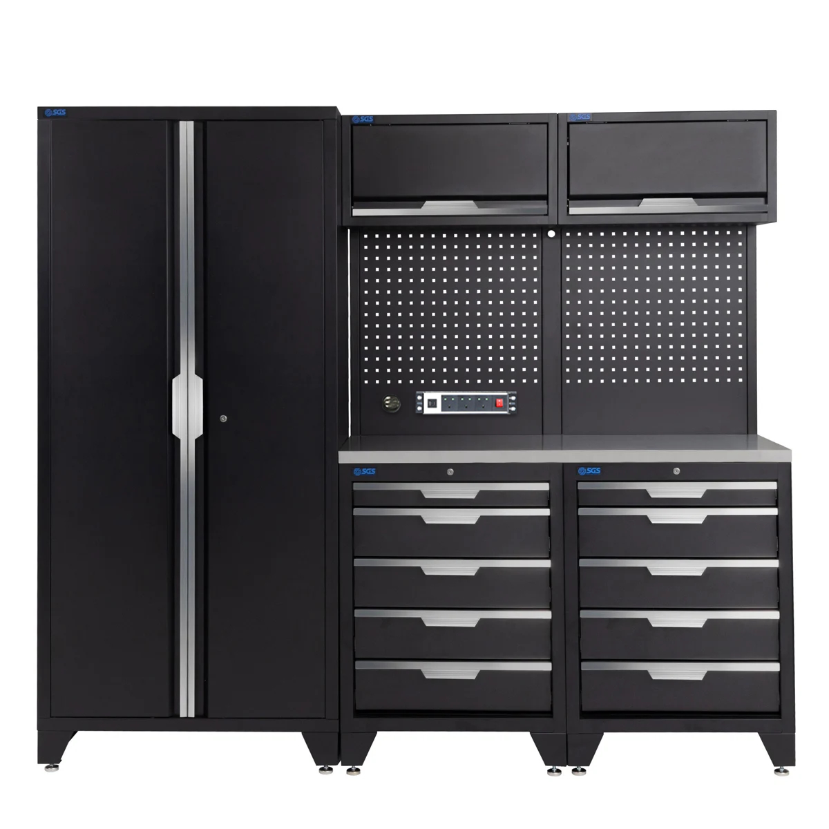 SGS 7pc Garage Storage System | 10 Drawers | Stainless Steel Worktop | 2x Upper Cabinets | Tall Double Cabinet | Pegboard with Power Strip