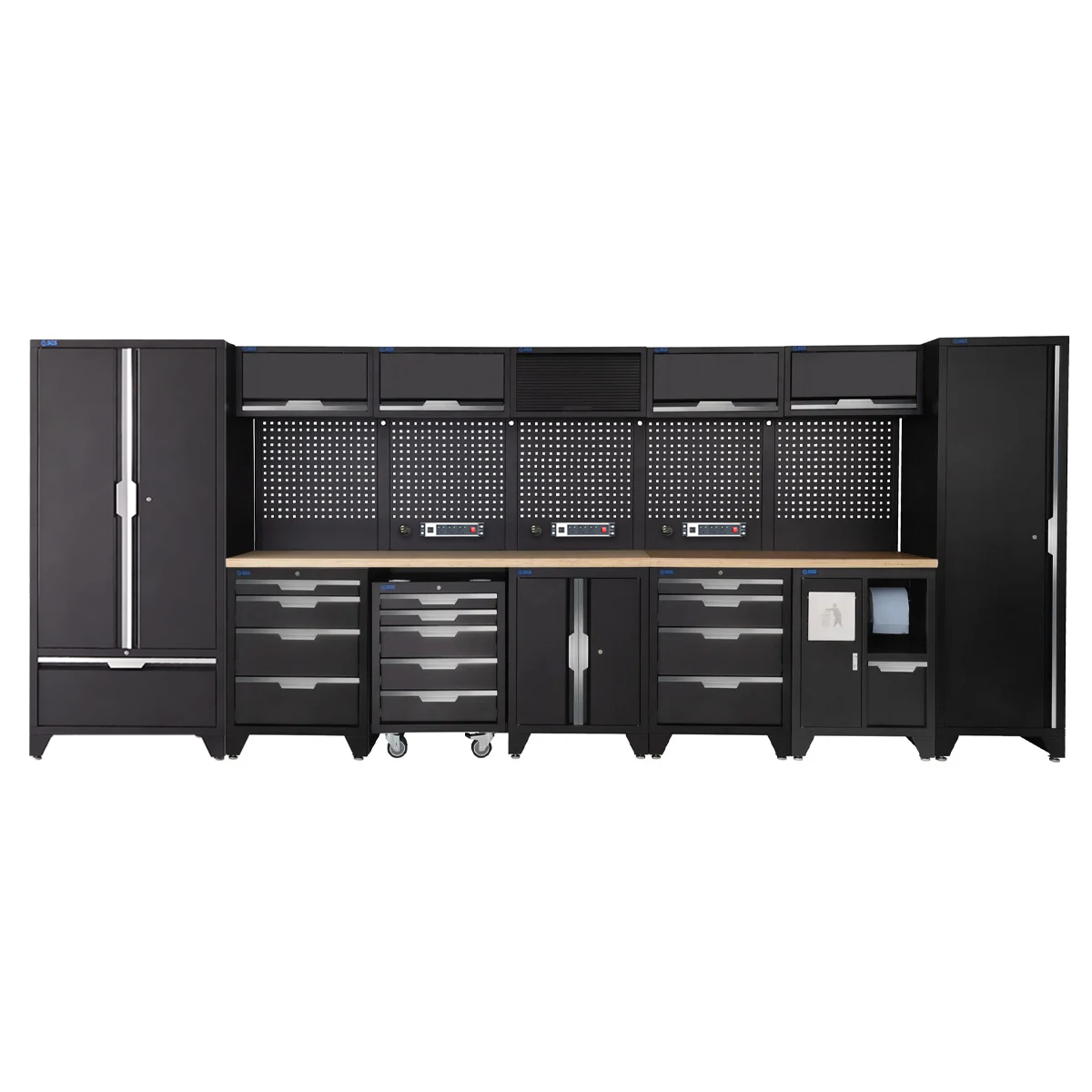 SGS 17pc Garage Storage System | 13 Drawers | Pressed Wood Worktop | Tall Single & Double Cabinet with Drawer | Bin Unit | Floor Cabinet | Mobile Cabinet | 5x Upper Cabinets | 3x Pegboards with Power Strip