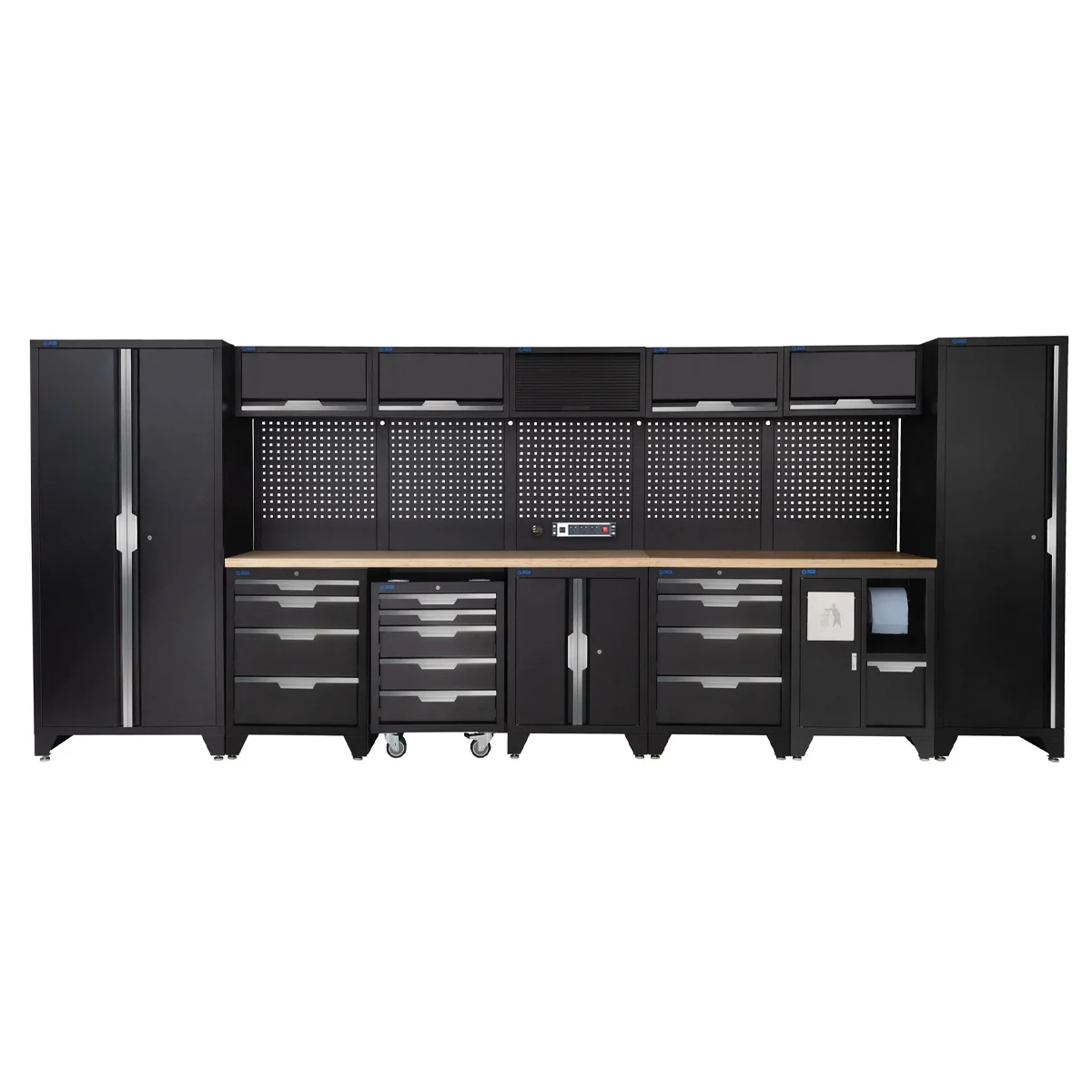SGS 17pc Garage Storage System | 13 Drawers | Pressed Wood Worktop | Tall Single & Double Cabinets | Bin Unit | Floor Cabinet | Mobile Cabinet | 5x Upper Cabinets | Pegboard with Power Strip