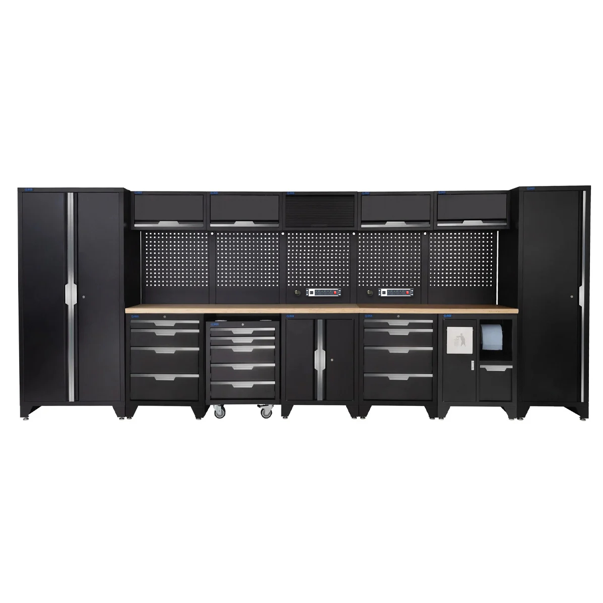 SGS 17pc Garage Storage System | 13 Drawers | Pressed Wood Worktop | Tall Single & Double Cabinets | Bin Unit | Floor Cabinet | Mobile Cabinet | 5x Upper Cabinets | 2x Pegboards with Power Strip