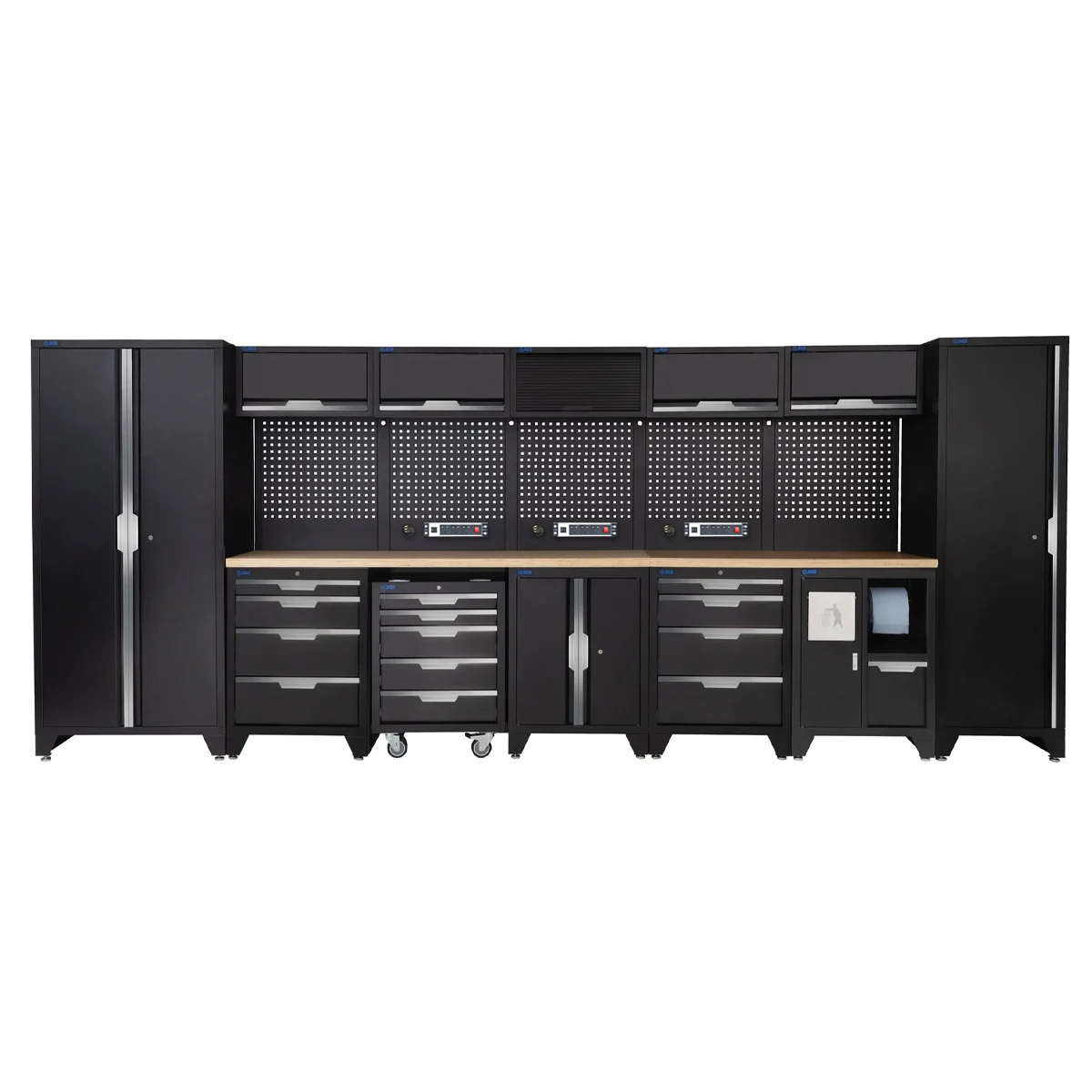 SGS 17pc Garage Storage System | 13 Drawers | Pressed Wood Worktop | Tall Single & Double Cabinets | Bin Unit | Floor Cabinet | Mobile Cabinet | 5x Upper Cabinets | 3x Pegboards with Power Strip