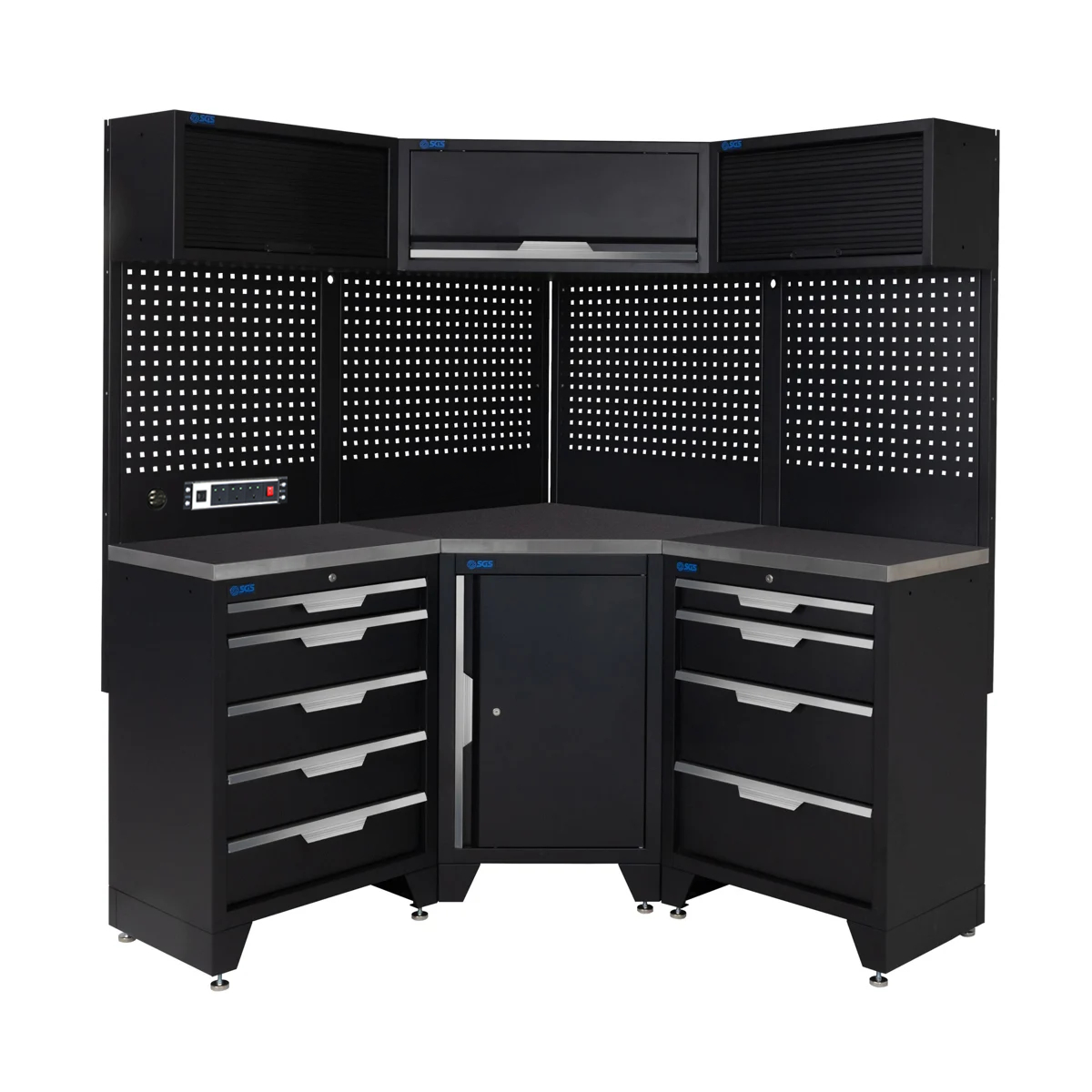 SGS 10pc Corner Garage Storage System | 9 Drawers | Stainless Steel Worktop | Corner Floor Cabinet | 3x Upper Cabinets | Pegboard with Power Strip