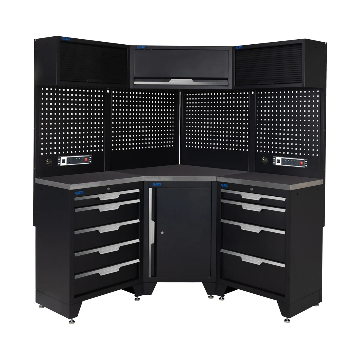 SGS 10pc Corner Garage Storage System | 9 Drawers | Stainless Steel Worktop | Corner Floor Cabinet | 3x Upper Cabinets | 2x Pegboards with Power Strip