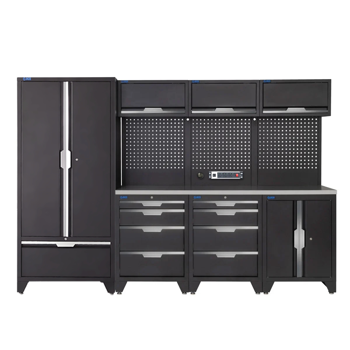 SGS 10pc Garage Storage System | 8 Drawers | Stainless Steel Worktop | Tall Double Cabinet with Drawer | Floor Cabinet | 3x Upper Cabinets | Pegboard with Power Strip