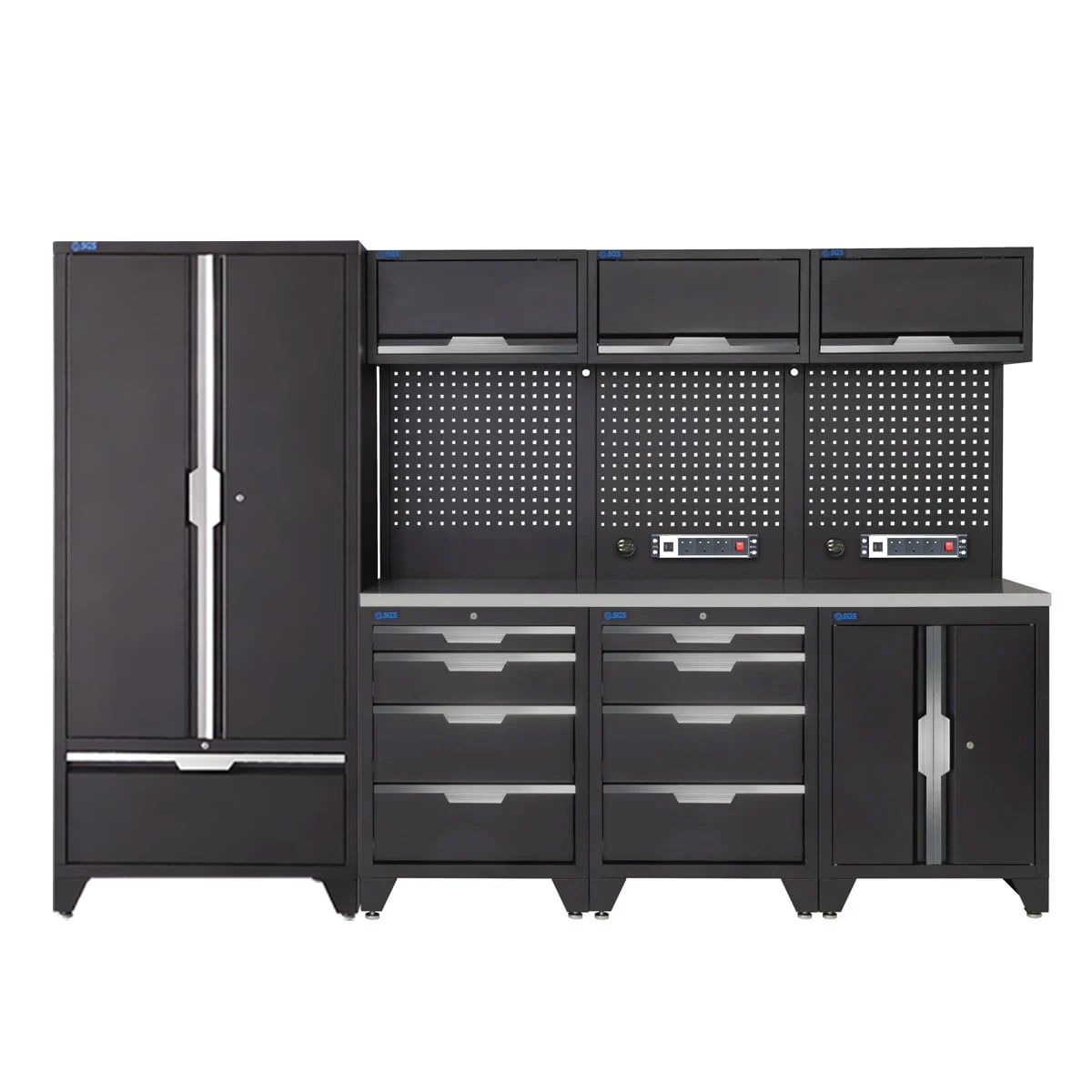SGS 10pc Garage Storage System | 8 Drawers | Stainless Steel Worktop | Tall Double Cabinet with Drawer | Floor Cabinet | 3x Upper Cabinets | 2x Pegboards with Power Strip