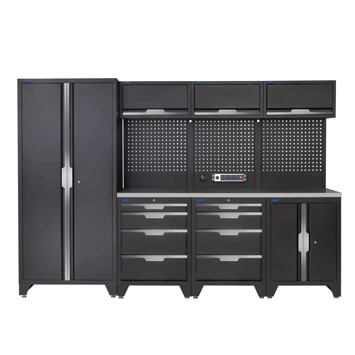 SGS 10pc Garage Storage System | 8 Drawers | Stainless Steel Worktop | Tall Double Cabinet | Floor Cabinet | 3x Upper Cabinets | Pegboard with Power Strip