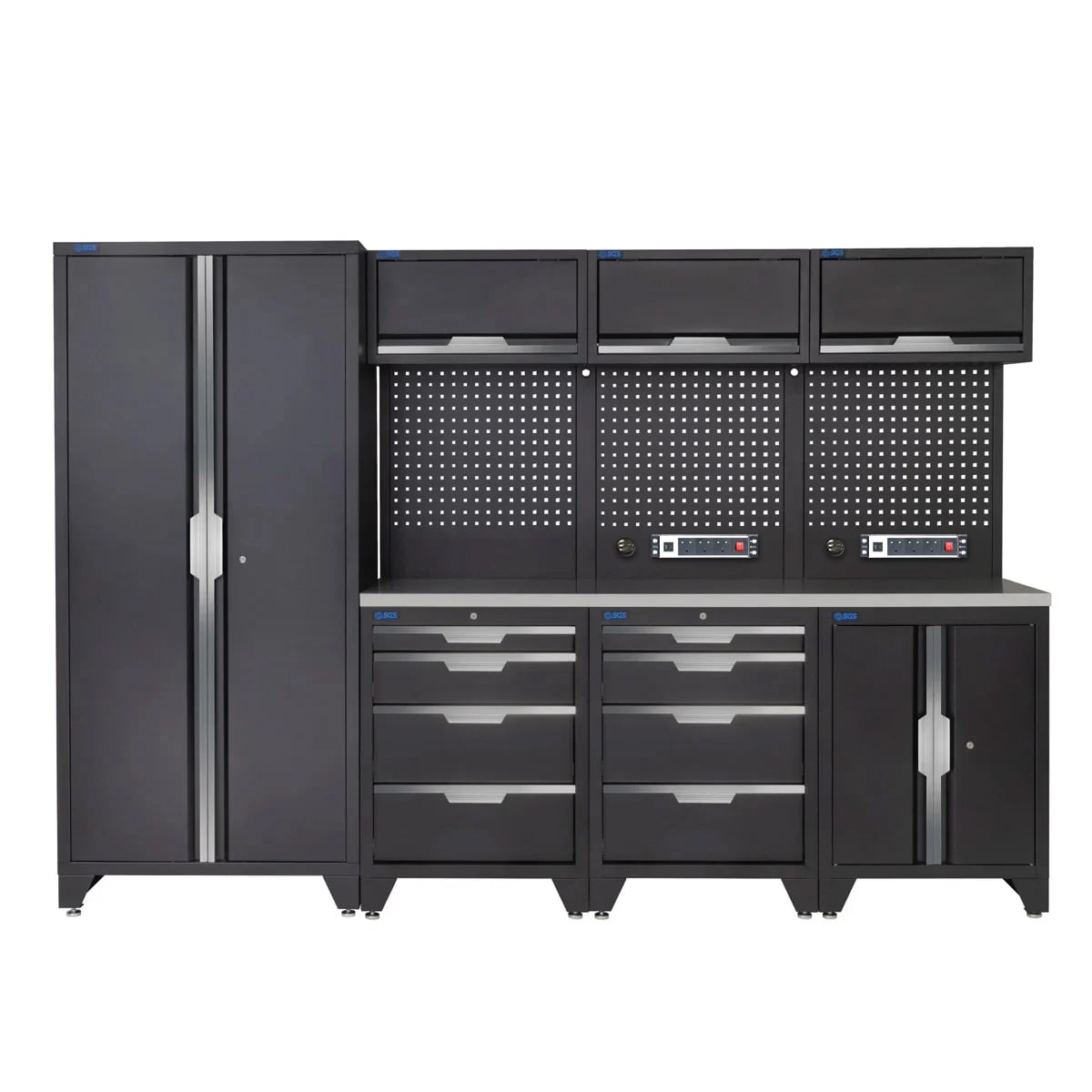 SGS 10pc Garage Storage System | 8 Drawers | Stainless Steel Worktop | Tall Double Cabinet | Floor Cabinet | 3x Upper Cabinets | 2x Pegboards with Power Strip