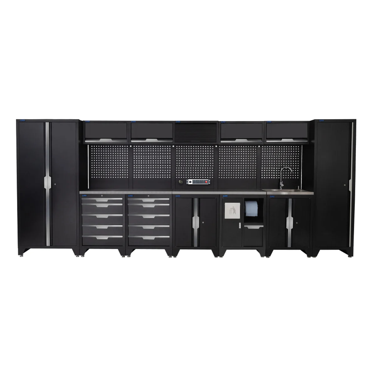 SGS 17pc Garage Storage System | 10 Drawers | Stainless Steel Worktop | Tall Single & Double Cabinets | Bin Unit | Sink Unit | Floor Cabinet | 5x Upper Cabinets | Pegboard with Power Strip