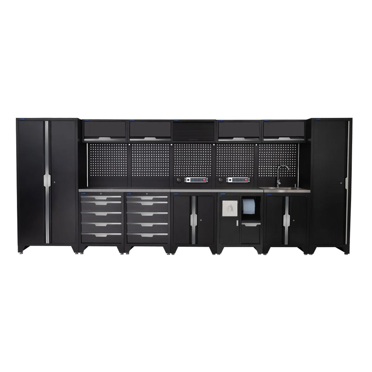 SGS 17pc Garage Storage System | 10 Drawers | Stainless Steel Worktop | Tall Single & Double Cabinets | Bin Unit | Sink Unit | Floor Cabinet | 5x Upper Cabinets | 2x Pegboards with Power Strip