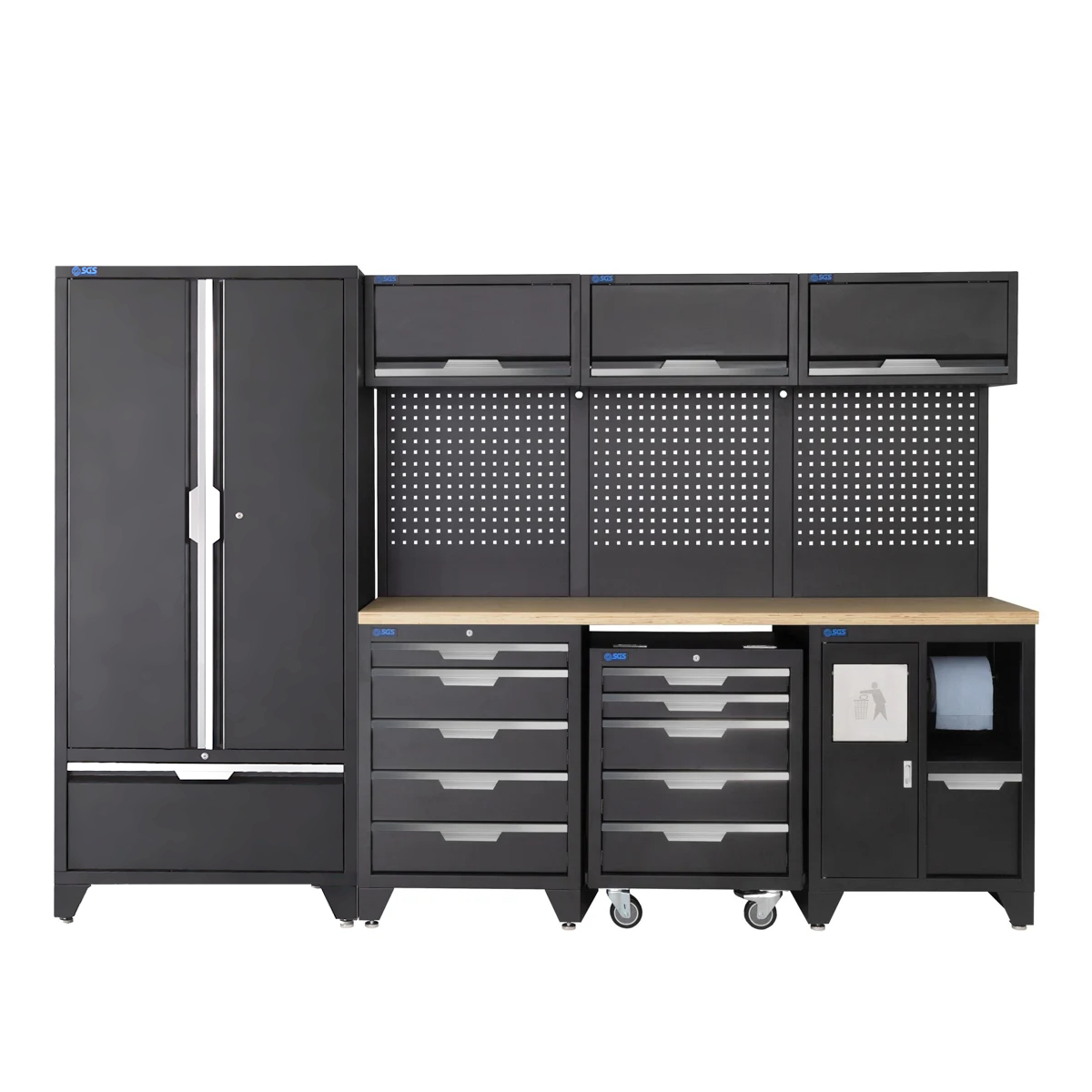 SGS 10pc Garage Storage System | 10 Drawers | Pressed Wood Worktop | Tall Double Cabinet with Drawer | Bin Unit | Mobile Tool Cabinet