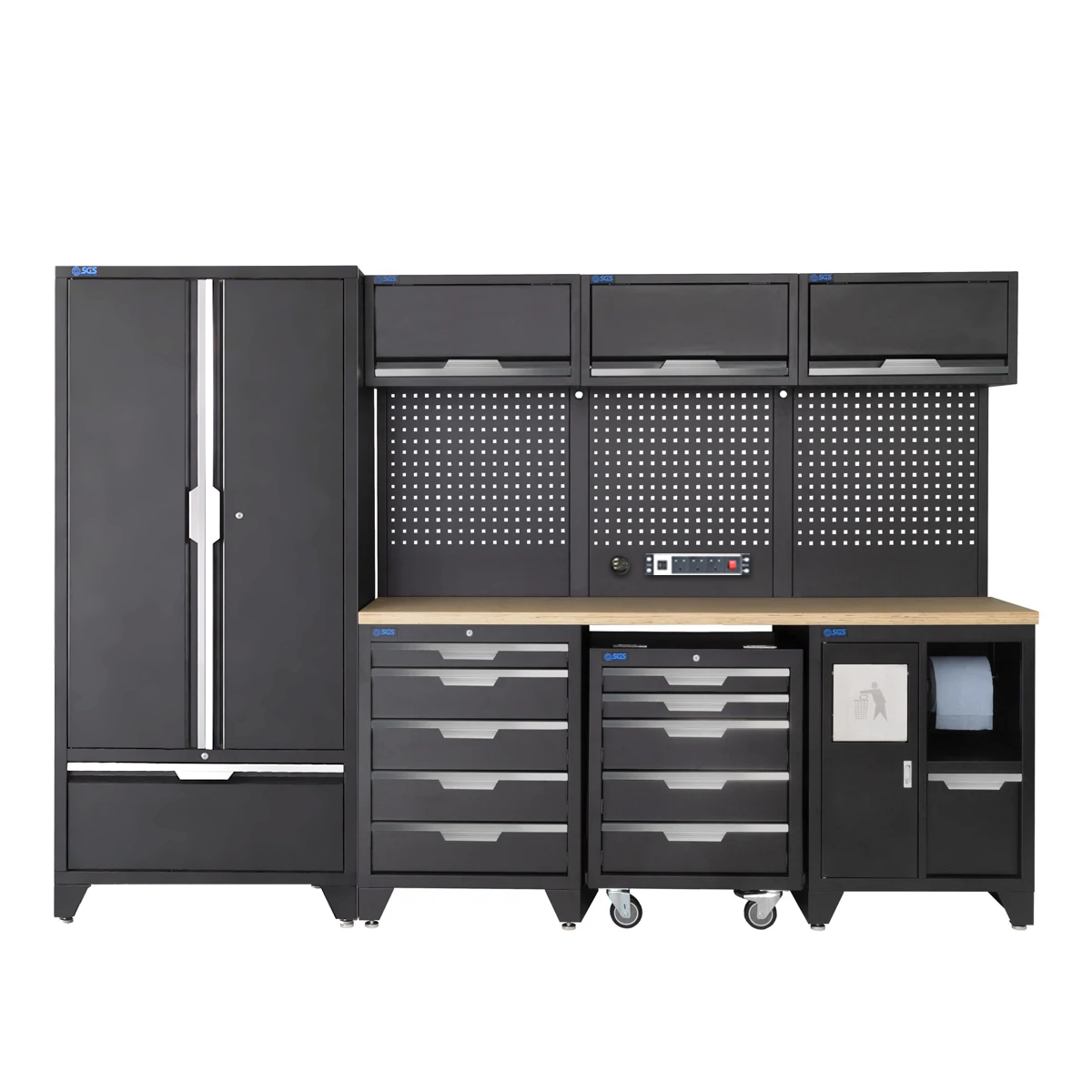 SGS 10pc Garage Storage System | 10 Drawers | Pressed Wood Worktop | Tall Double Cabinet with Drawer | Bin Unit | Mobile Tool Cabinet | Pegboard with Power Strip