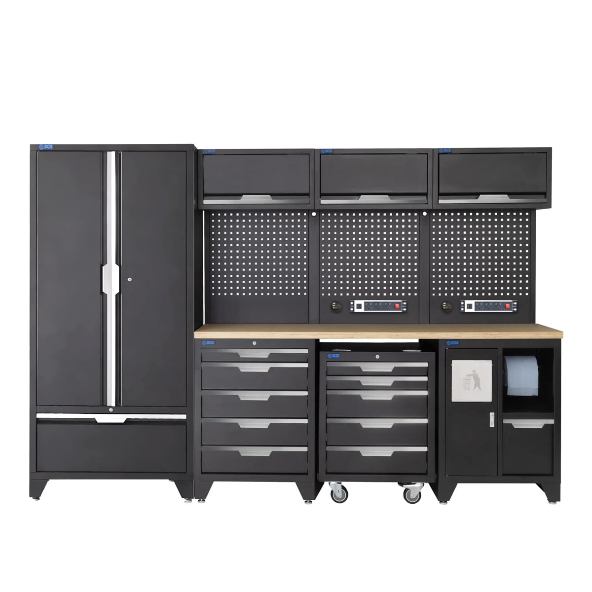 SGS 10pc Garage Storage System | 10 Drawers | Pressed Wood Worktop | Tall Double Cabinet with Drawer | Bin Unit | Mobile Tool Cabinet | 2x Pegboards with Power Strip