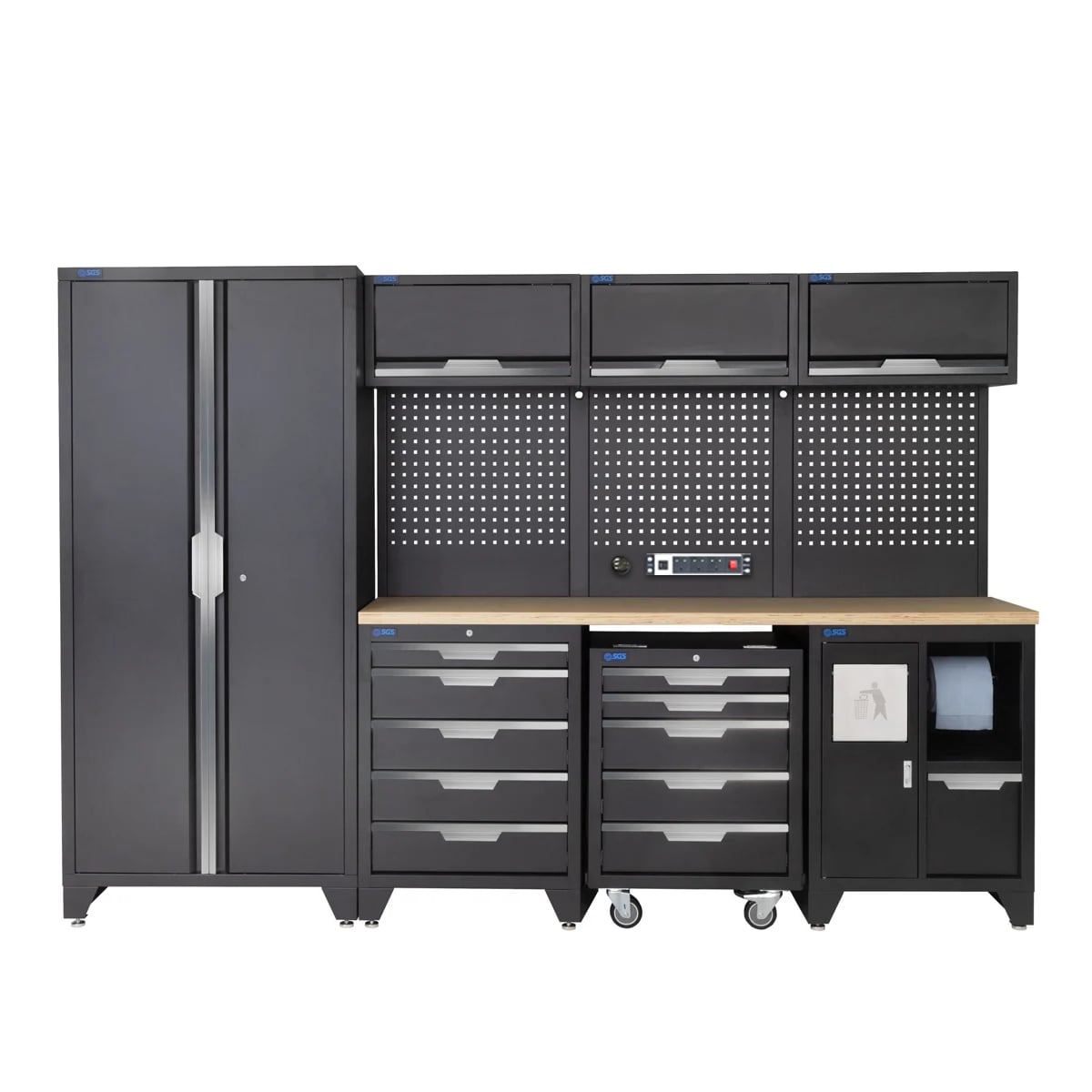 SGS 10pc Garage Storage System | 10 Drawers | Pressed Wood Worktop | Tall Double Cabinet | Bin Unit | Mobile Tool Cabinet | Pegboard with Power Strip