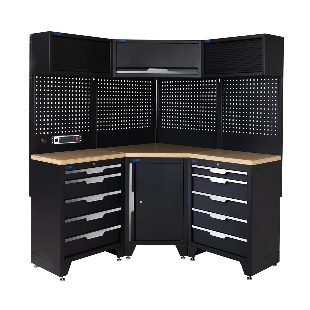 SGS 10pc Corner Garage Storage System | 10 Drawers | Pressed Wood Worktop | Corner Floor Cabinet | 3x Upper Cabinets | Pegboard with Power Strip