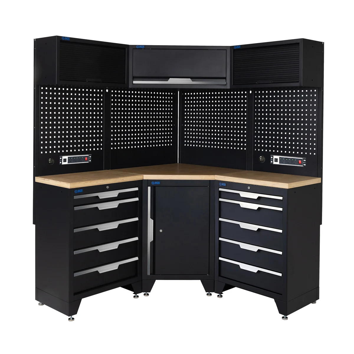 SGS 10pc Corner Garage Storage System | 10 Drawers | Pressed Wood Worktop | Corner Floor Cabinet | 3x Upper Cabinets | 2x Pegboards with Power Strip