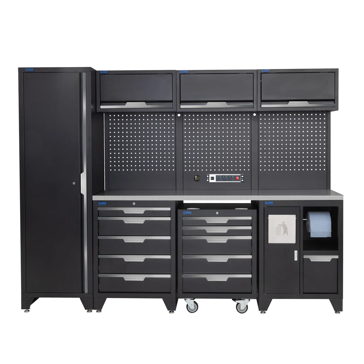 SGS 10pc Garage Storage System | 10 Drawers | Stainless Steel Worktop | Tall Single Cabinet | Bin Unit | Mobile Tool Cabinet | Pegboard with Power Strip