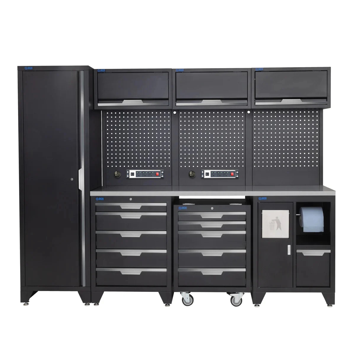 SGS 10pc Garage Storage System | 10 Drawers | Stainless Steel Worktop | Tall Single Cabinet | Bin Unit | Mobile Tool Cabinet | 2x Pegboards with Power Strip