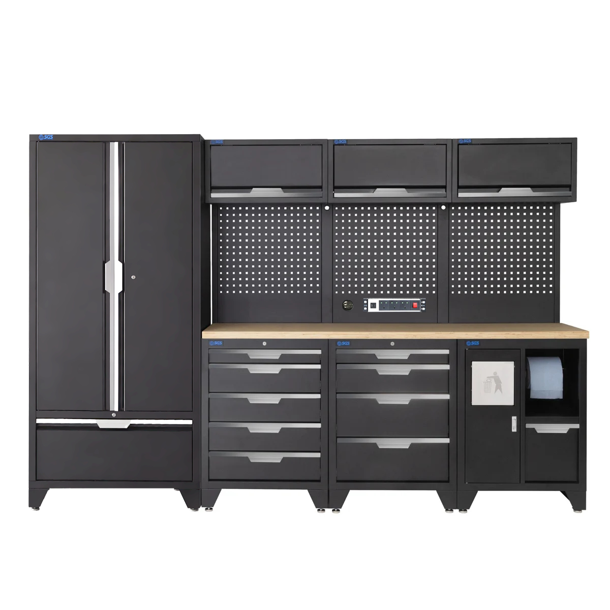 SGS 10pc Garage Storage System | 9 Drawers | Pressed Wood Worktop | Tall Double Cabinet with Drawer | Bin Unit | 3x Upper Cabinets | Pegboard with Power Strip