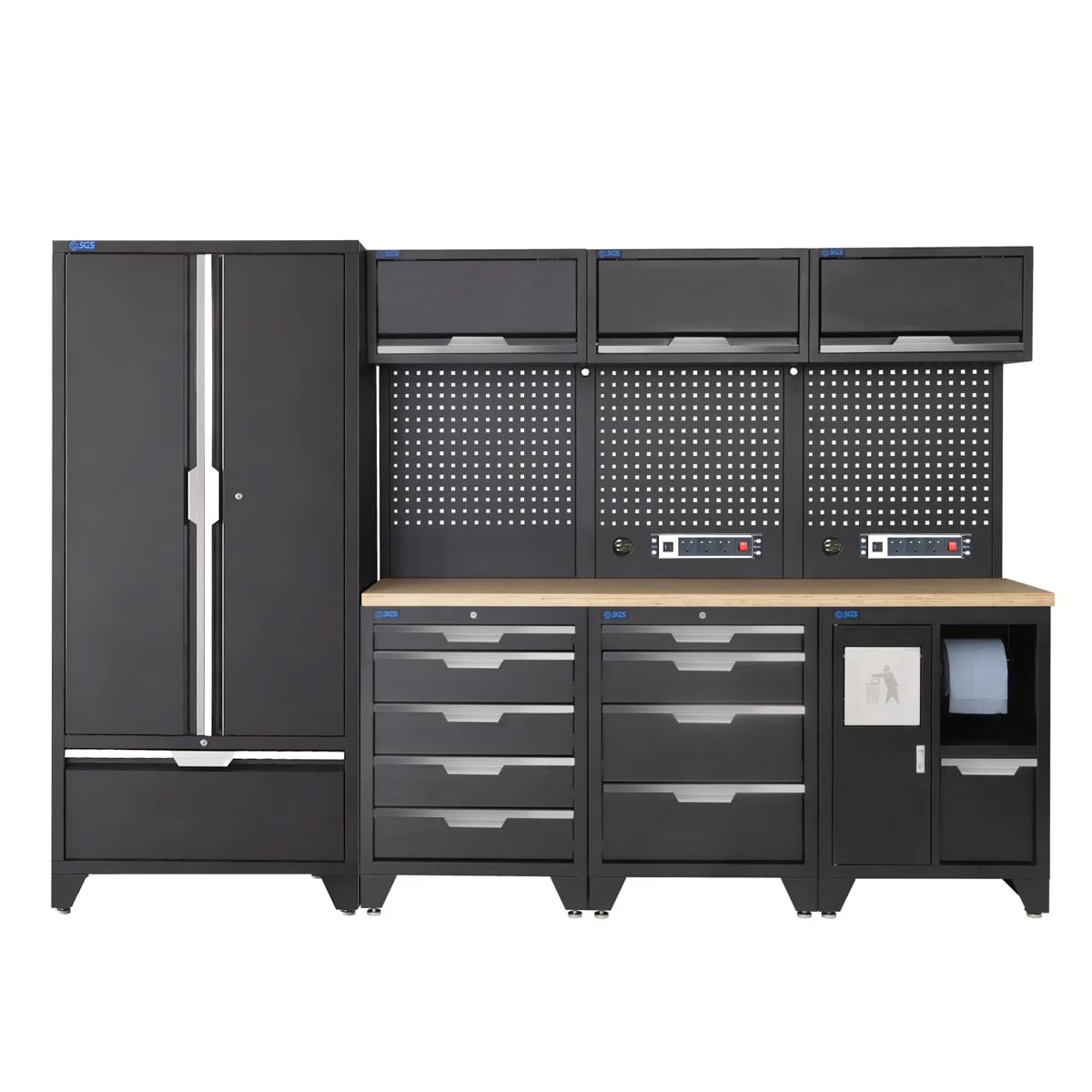SGS 10pc Garage Storage System | 9 Drawers | Pressed Wood Worktop | Tall Double Cabinet with Drawer | Bin Unit | 3x Upper Cabinets | 2x Pegboards with Power Strip