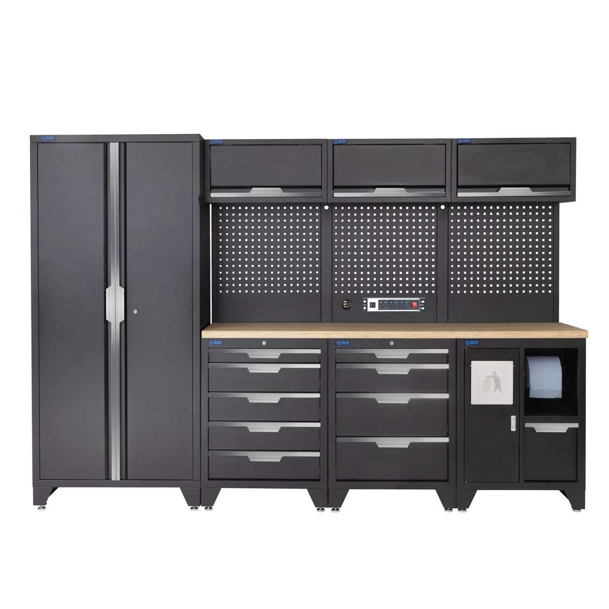 SGS 10pc Garage Storage System | 9 Drawers | Pressed Wood Worktop | Tall Double Cabinet | Bin Unit | 3x Upper Cabinets | Pegboard with Power Strip