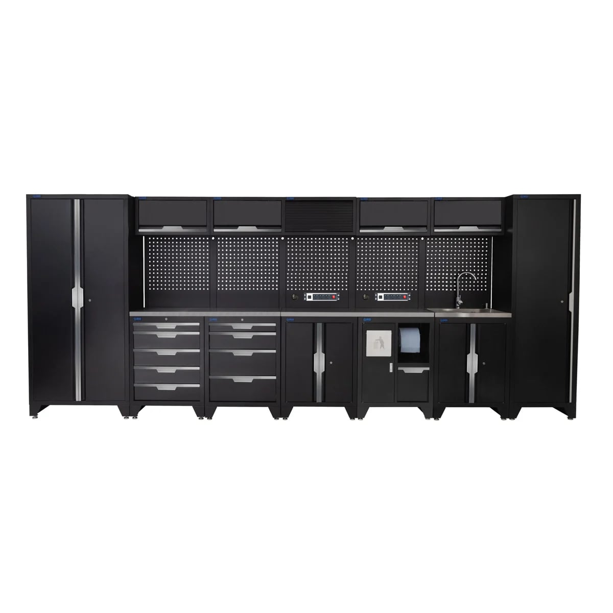 SGS 17pc Garage Storage System | 9 Drawers | Stainless Steel Worktop | Tall Single & Double Cabinets | Bin Unit | Sink Unit | Floor Cabinet | 5x Upper Cabinets | 2x Pegboards with Power Strip