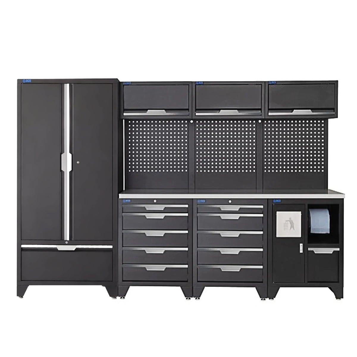 SGS 10pc Garage Storage System | 10 Drawers | Stainless Steel Worktop | Tall Double Cabinet with Drawer | Bin Unit | 3x Upper Cabinets