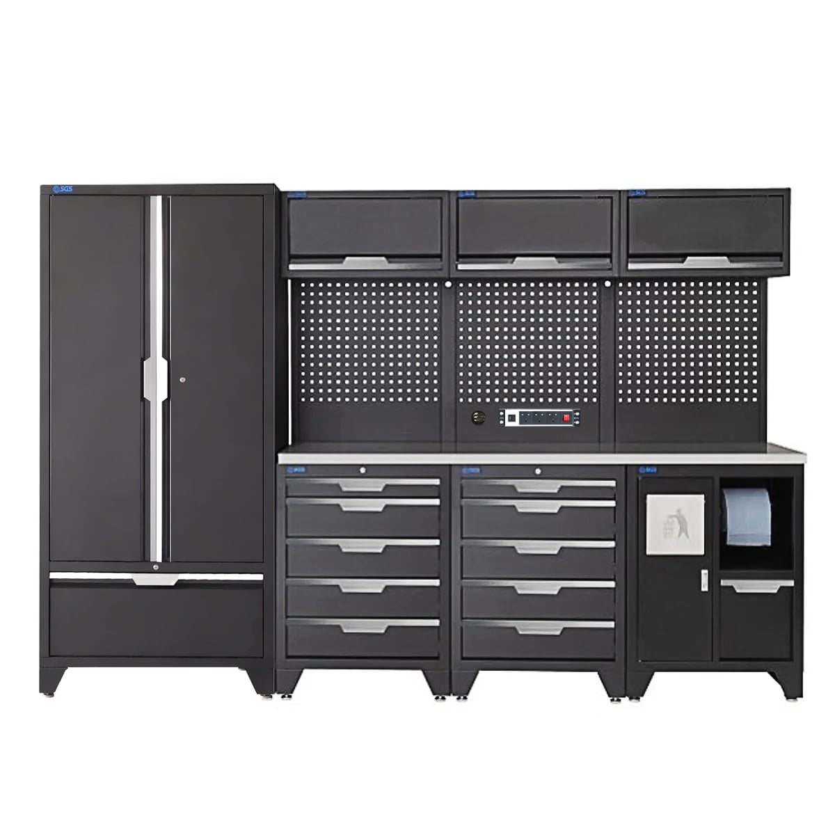 SGS 10pc Garage Storage System | 10 Drawers | Stainless Steel Worktop | Tall Double Cabinet with Drawer | Bin Unit | 3x Upper Cabinets | Pegboard with Power Strip