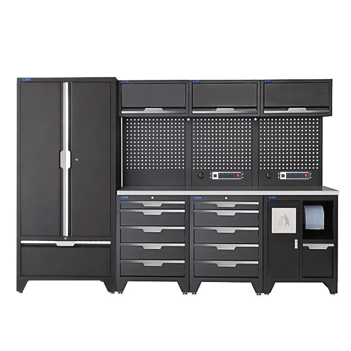 SGS 10pc Garage Storage System | 10 Drawers | Stainless Steel Worktop | Tall Double Cabinet with Drawer | Bin Unit | 3x Upper Cabinets | 2x Pegboards with Power Strip