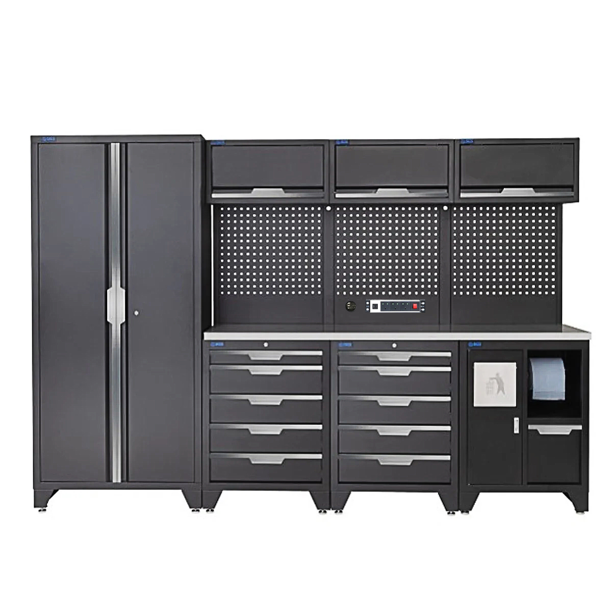 SGS 10pc Garage Storage System | 10 Drawers | Stainless Steel Worktop | Tall Double Cabinet | Bin Unit | 3x Upper Cabinets | Pegboard with Power Strip