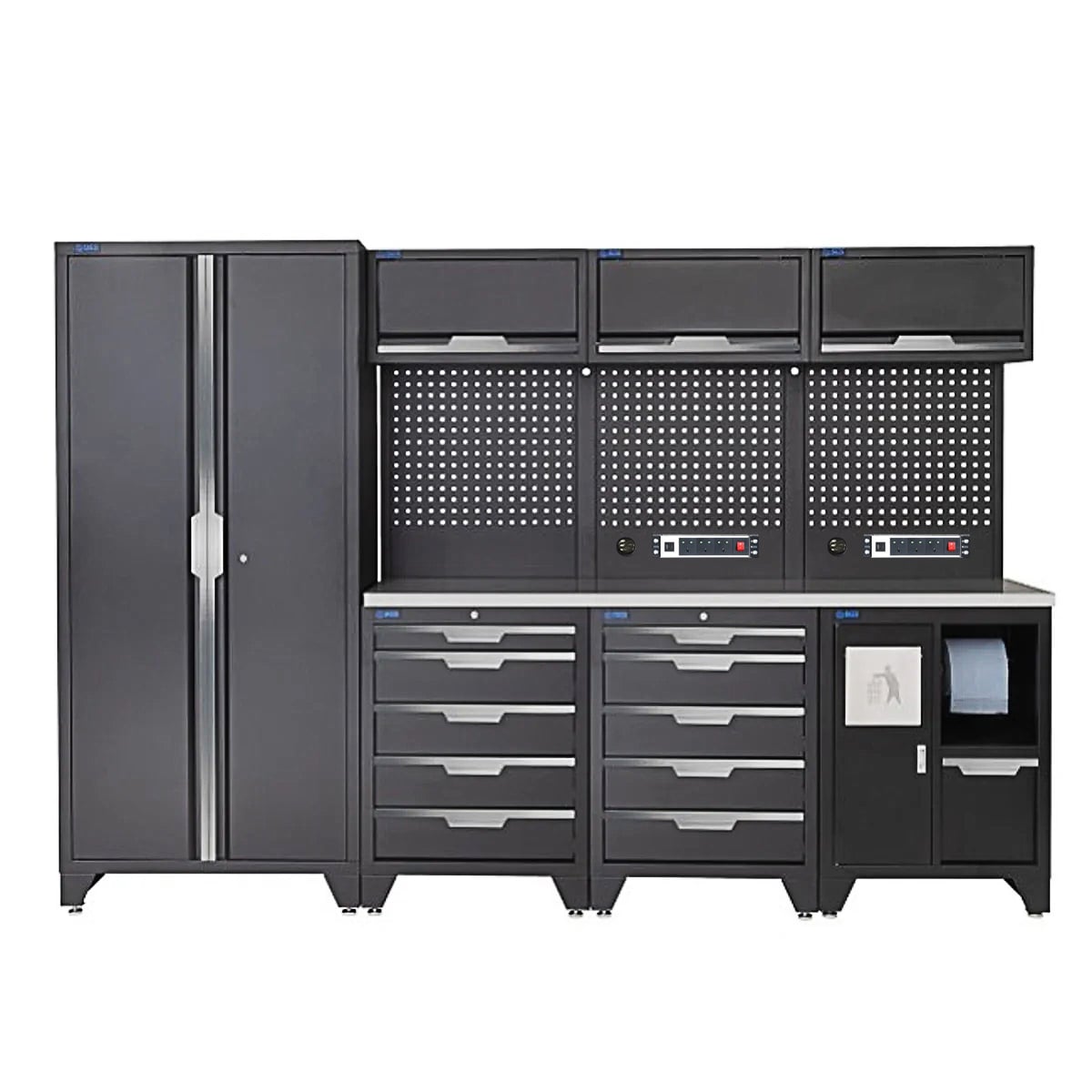 SGS 10pc Garage Storage System | 10 Drawers | Stainless Steel Worktop | Tall Double Cabinet | Bin Unit | 3x Upper Cabinets | 2x Pegboards with Power Strip