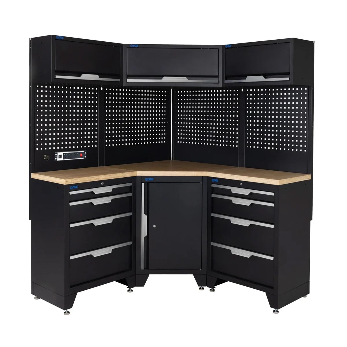 SGS 10pc Corner Garage Storage System | 8 Drawers | Pressed Wood Worktop | Corner Floor Cabinet | 3x Upper Cabinets | Pegboard with Power Strip