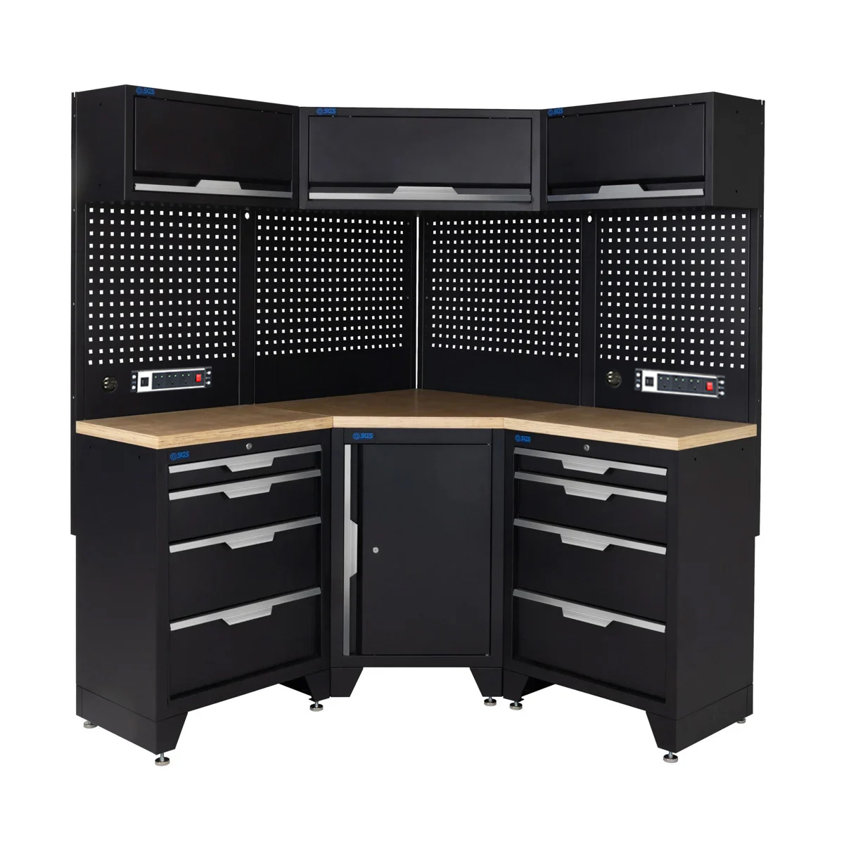 SGS 10pc Corner Garage Storage System | 8 Drawers | Pressed Wood Worktop | Corner Floor Cabinet | 3x Upper Cabinets | 2x Pegboards with Power Strip