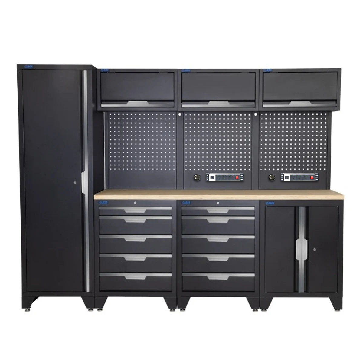SGS 10pc Garage Storage System | 10 Drawers | Pressed Wood Worktop | Floor Cabinet | Tall Single Cabinet | 3x Upper Cabinets | 2x Pegboards with Power Strip