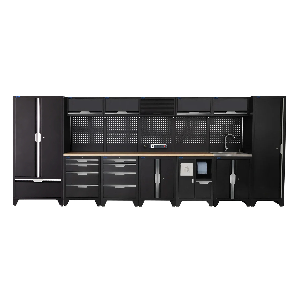 SGS 17pc Garage Storage System | 8 Drawers | Pressed Wood Worktop | Tall Single & Double Cabinet with Drawer | Bin Unit | Floor Cabinet | Sink Unit | 5x Upper Cabinets | Pegboard with Power Strip