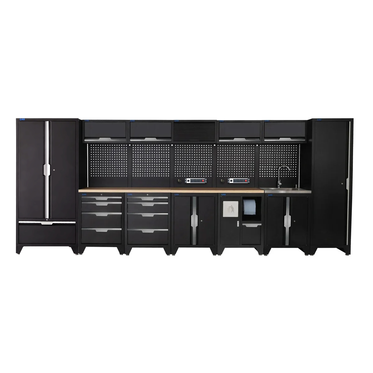 SGS 17pc Garage Storage System | 8 Drawers | Pressed Wood Worktop | Tall Single & Double Cabinet with Drawer | Bin Unit | Floor Cabinet | Sink Unit | 5x Upper Cabinets | 2x Pegboards with Power Strip