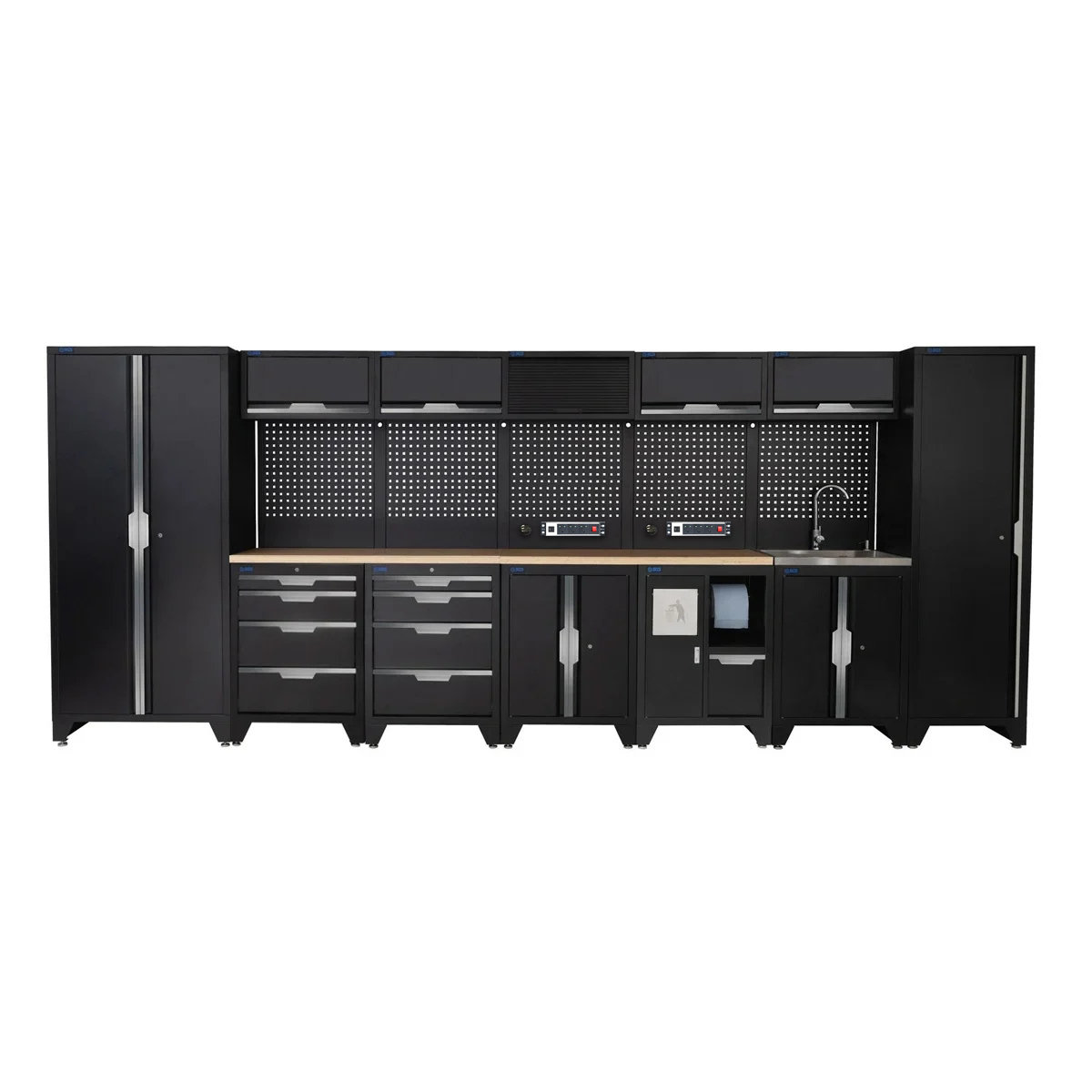 SGS 17pc Garage Storage System | 8 Drawers | Pressed Wood Worktop | Tall Single & Double Cabinets | Bin Unit | Floor Cabinet | Sink Unit | 5x Upper Cabinets | 2x Pegboards with Power Strip